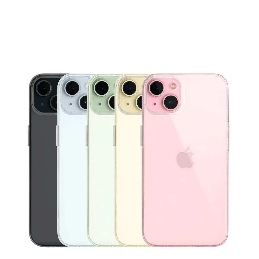 Прозрачный чехол Apple iPhone 15 Plus Clear Case с MagSafe, вид сзади, акцент на оригинальном дизайне смартфона
