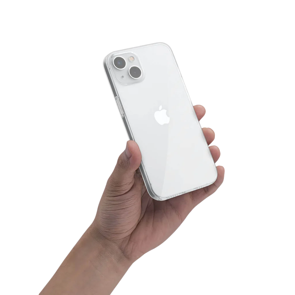 Бічний вигляд прозорого чохла Apple iPhone 15 Plus Clear Case із MagSafe, демонстрація тонкого профілю та захисту кнопок