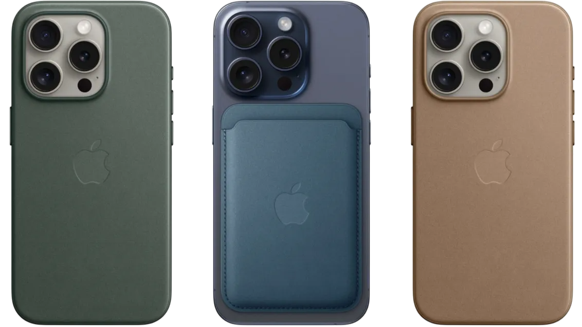 Бічний вигляд чохла Apple iPhone 15 FineWoven Case із MagSafe, акцент на тонкому профілі та елегантному захисті кнопок